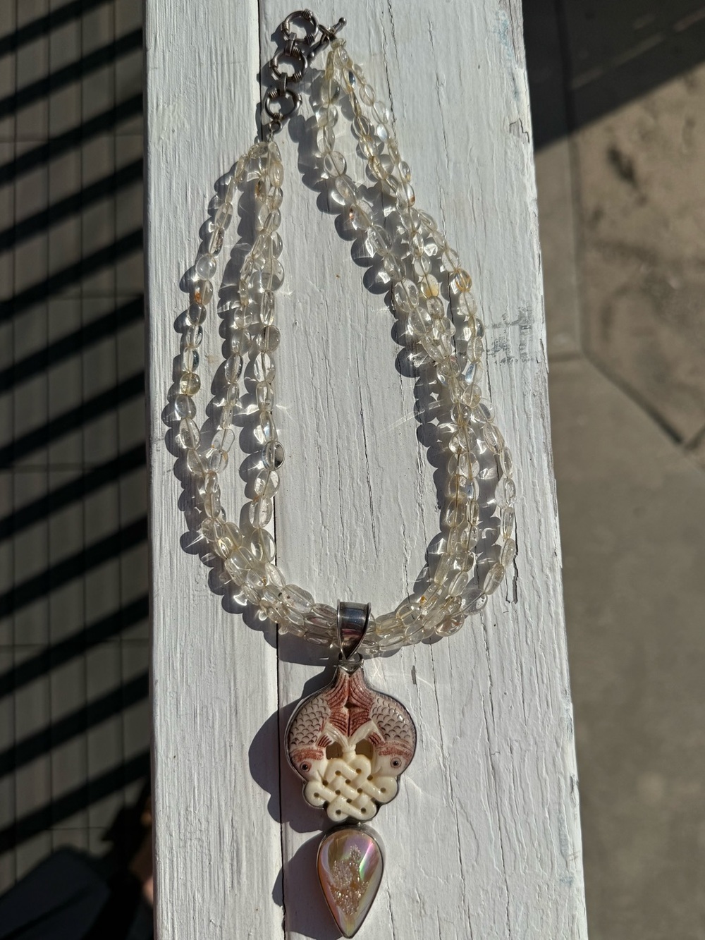 Unique! Carved Fish Pendant Necklace - Sterling Silver with Quartz Beads